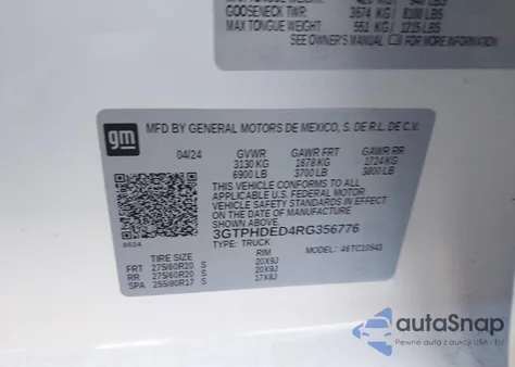 2024 GMC Sierra 1500 2Wd Short Box Slt из США, поврежденный, VIN 3GTPHDED4RG356776